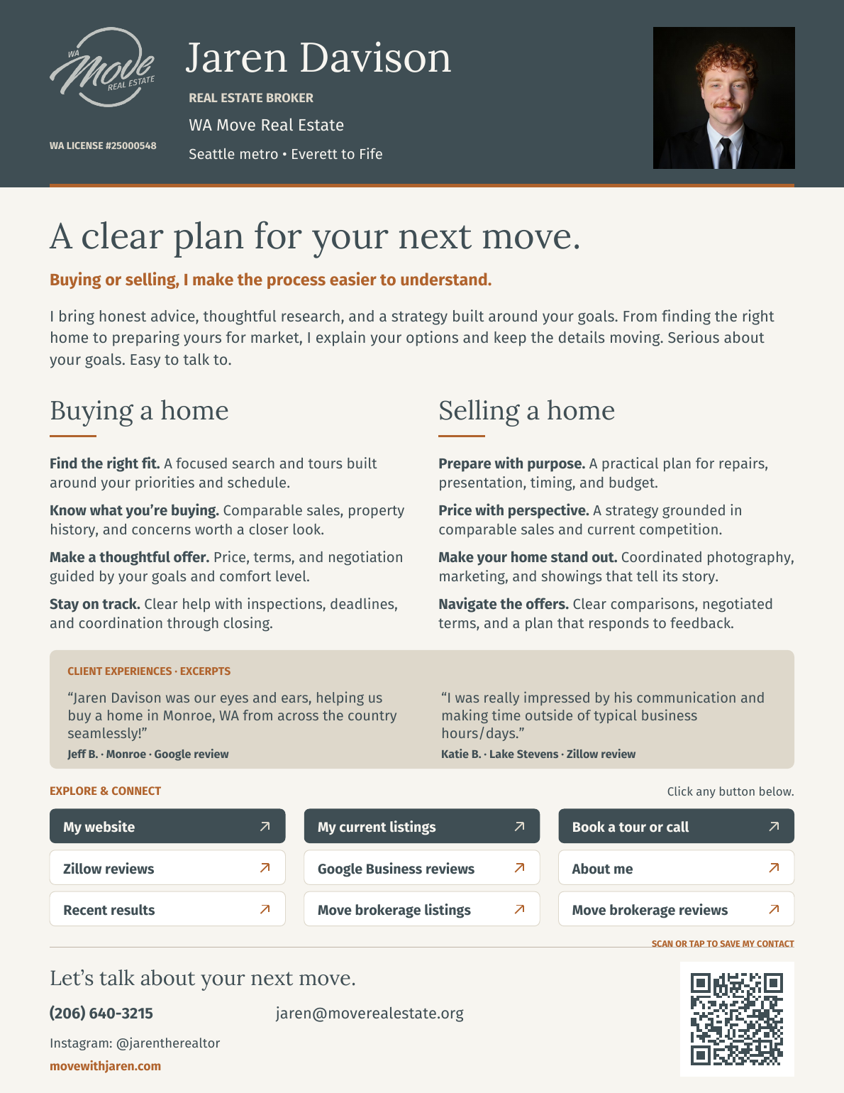 Preview of Jaren Davison’s one-page resume, with buyer and seller services, client reviews, and contact information